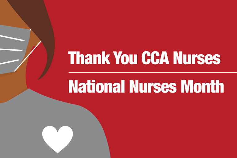 Animated image of a nurse with the words "Thank you CCA Nurses" and "National Nurses Month" next to the nurse.